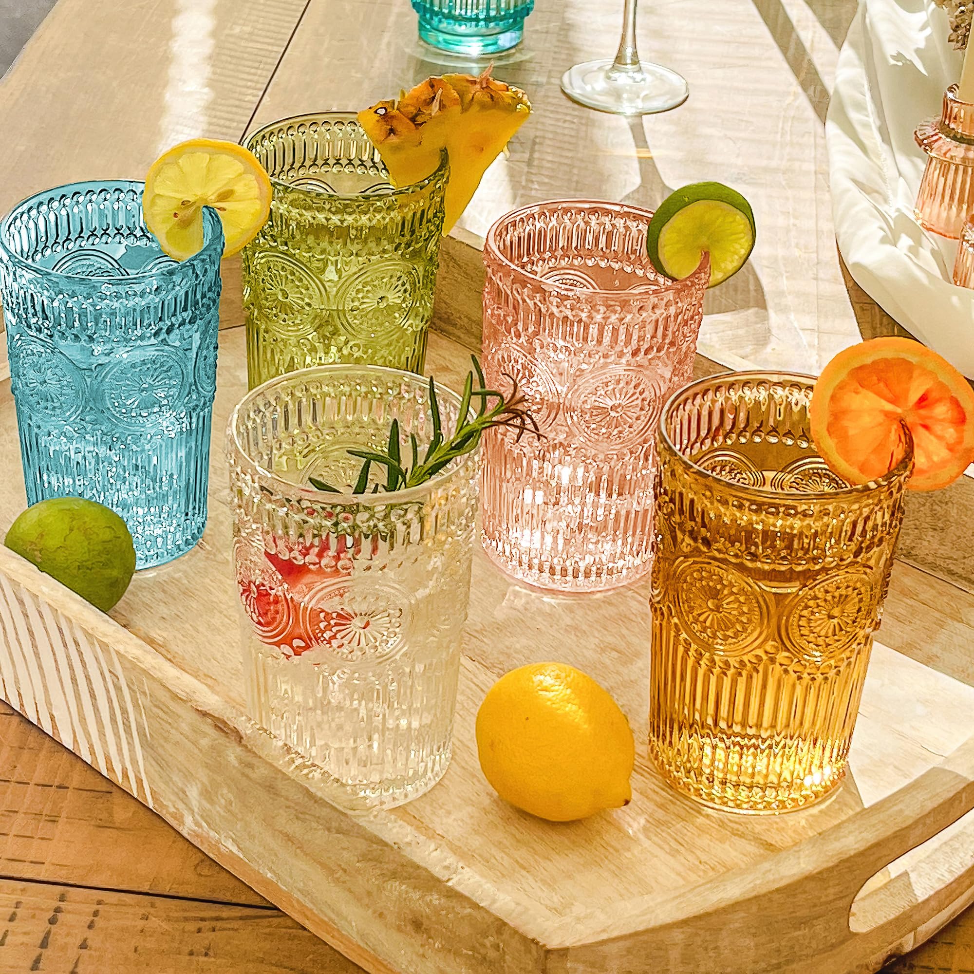 Aqua glass on bar display for colorful table styling.