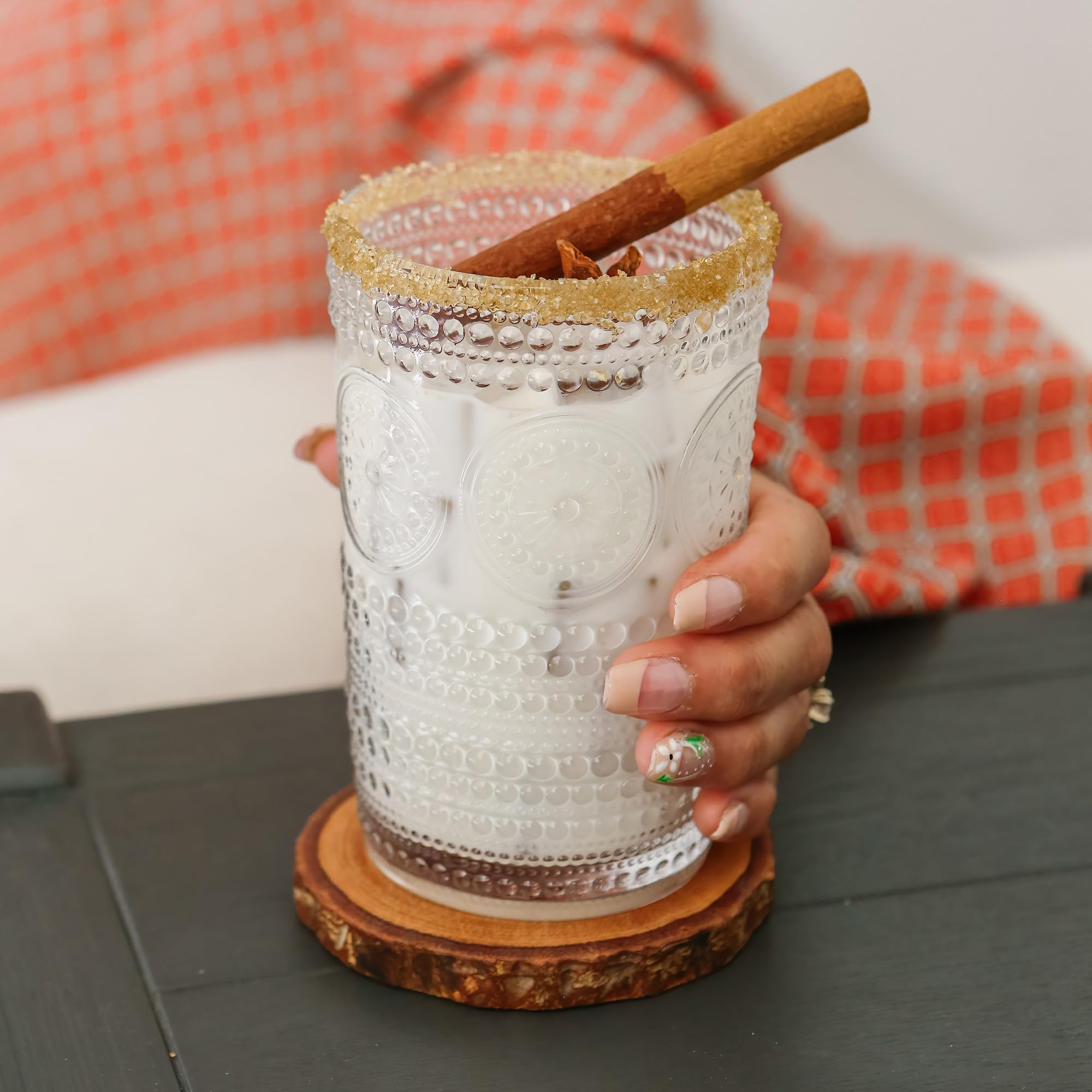 Kate Aspen embossed bottom detail glass for vintage ambiance.