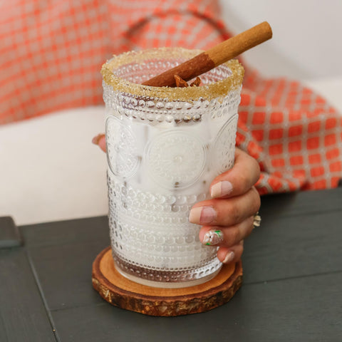 Kate Aspen embossed bottom detail glass for vintage ambiance.