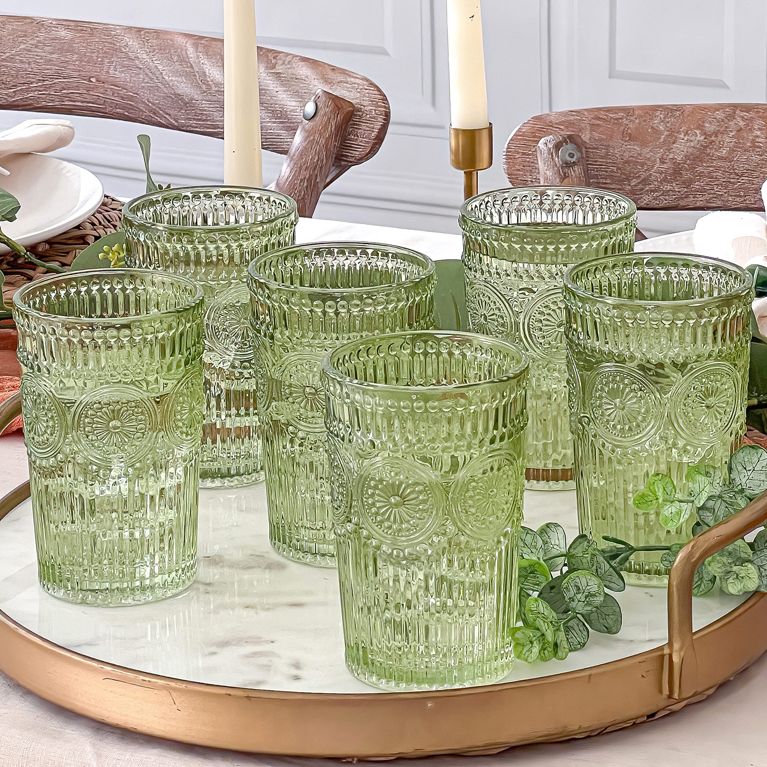Kate Aspen embossed floral detail green glasses add charm for entertaining guests