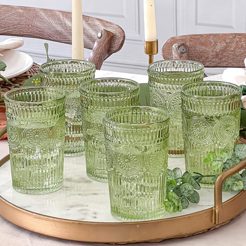 Kate Aspen embossed floral detail green glasses add charm for entertaining guests