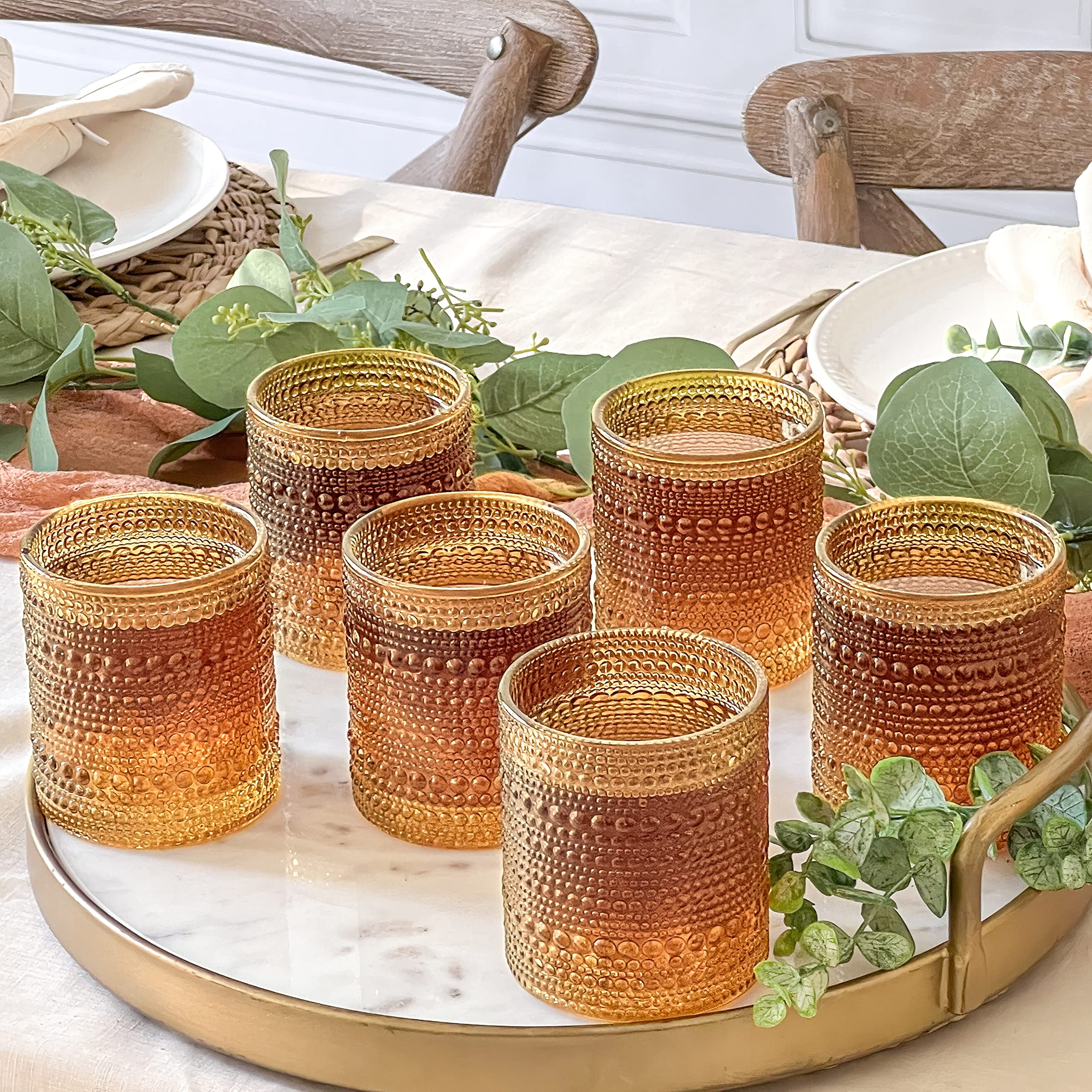 Kate Aspen Jupiter amber glasses showcased for weddings and host gifts