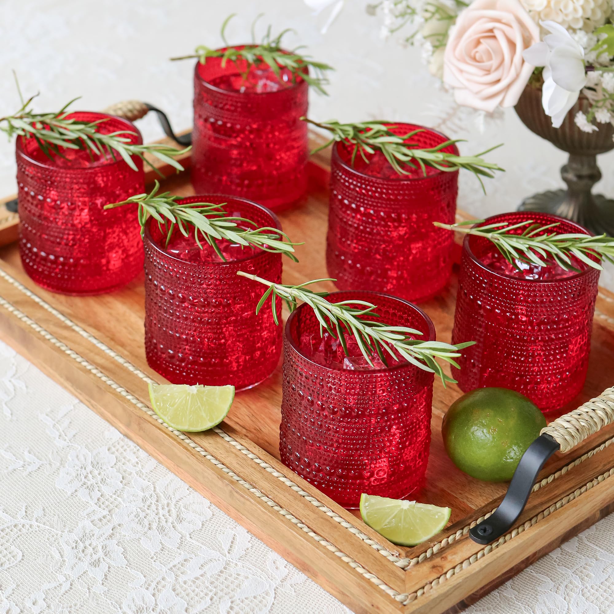 Kate Aspen red hobnail glasses with beaded embossing for elegant entertaining.
