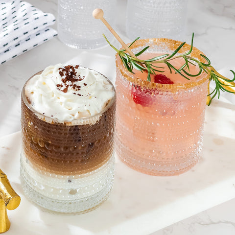 Close-up of Kate Aspen retro hobnail glassware highlighting beaded texture and elegance.