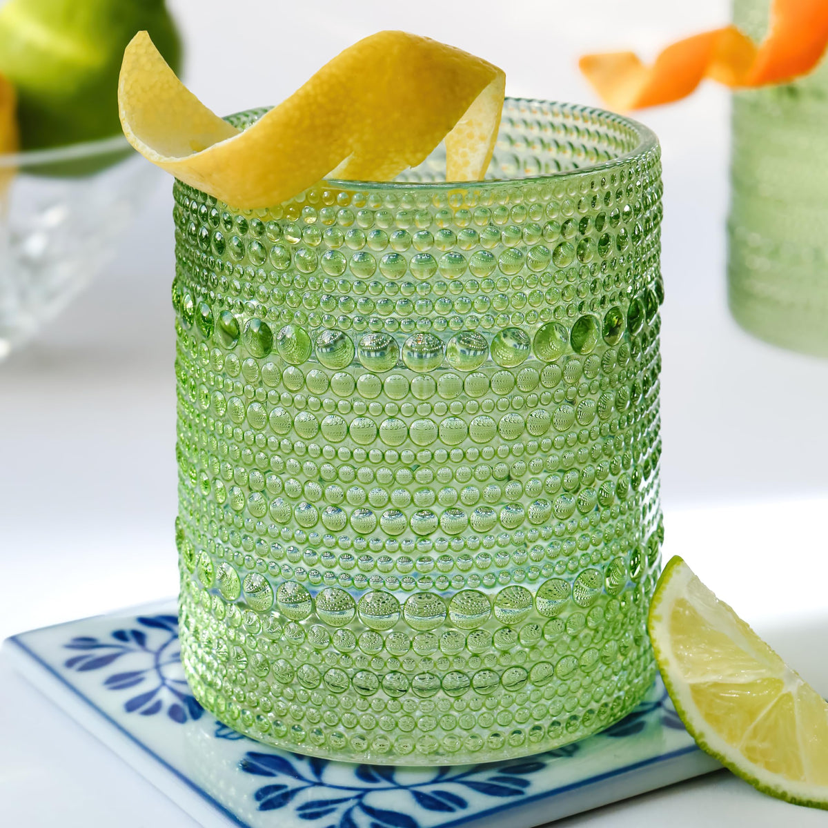 Kate Aspen Sage Green Hobnail Beaded Glasses showcase vintage texture for entertaining.