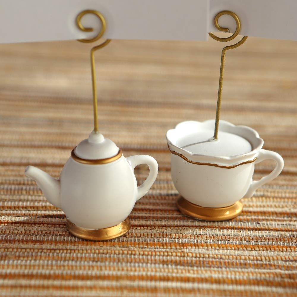 Close-up of teacup card holder with gold stem by Kate Aspen