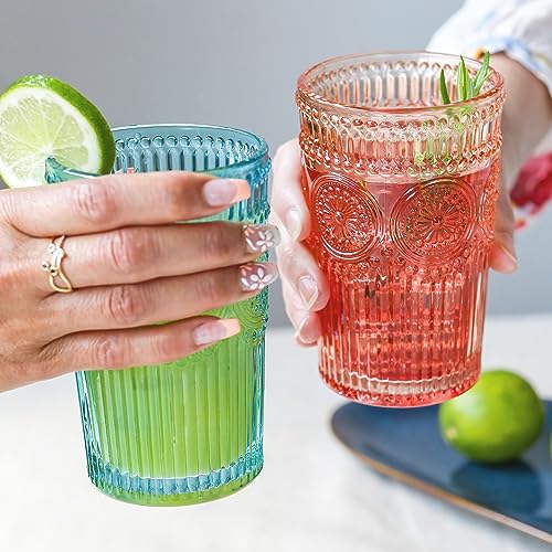 Aqua ribbed glass detail highlights vintage texture for entertaining.