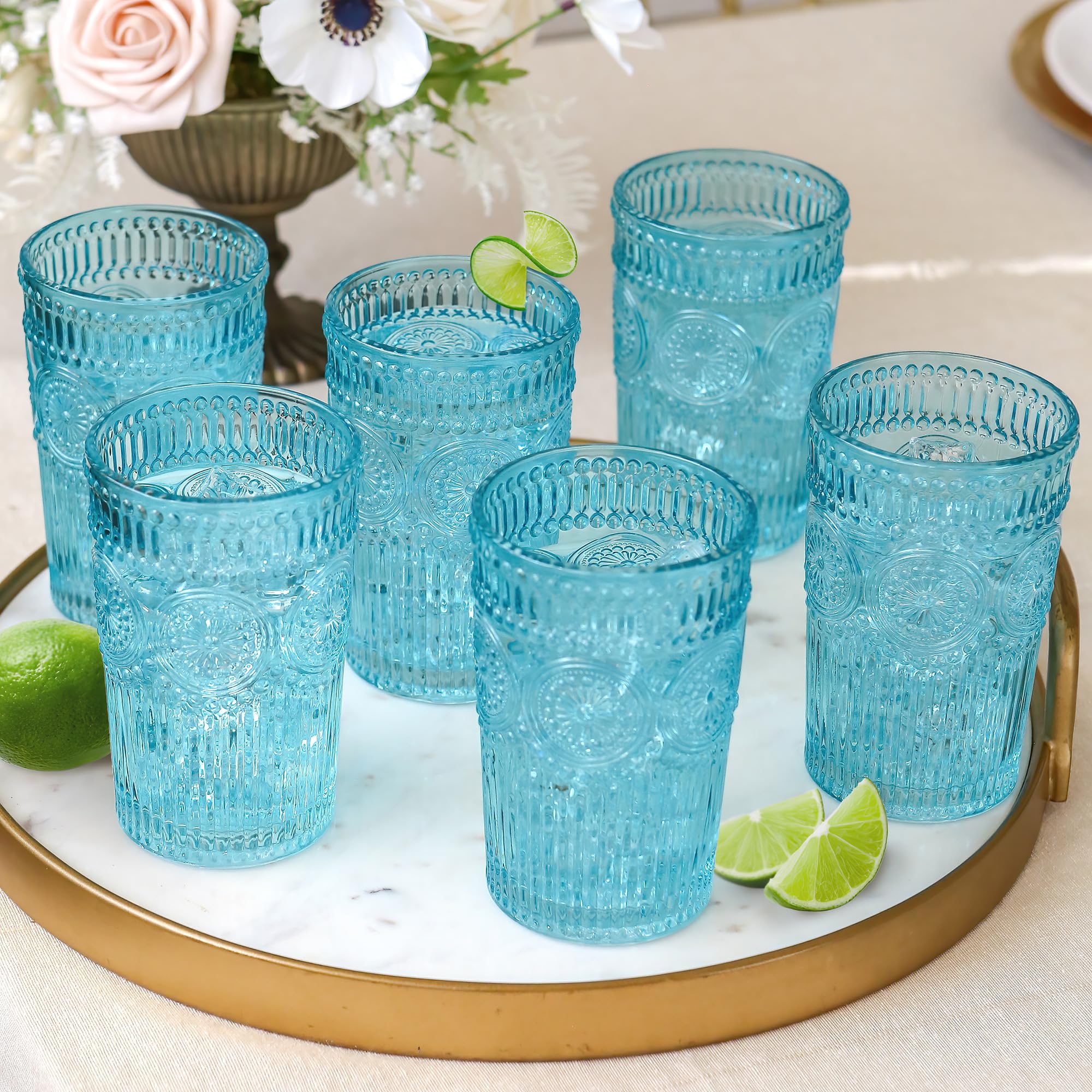 Kate Aspen vintage textured aqua glass set, ribbed surface elevates cocktails.