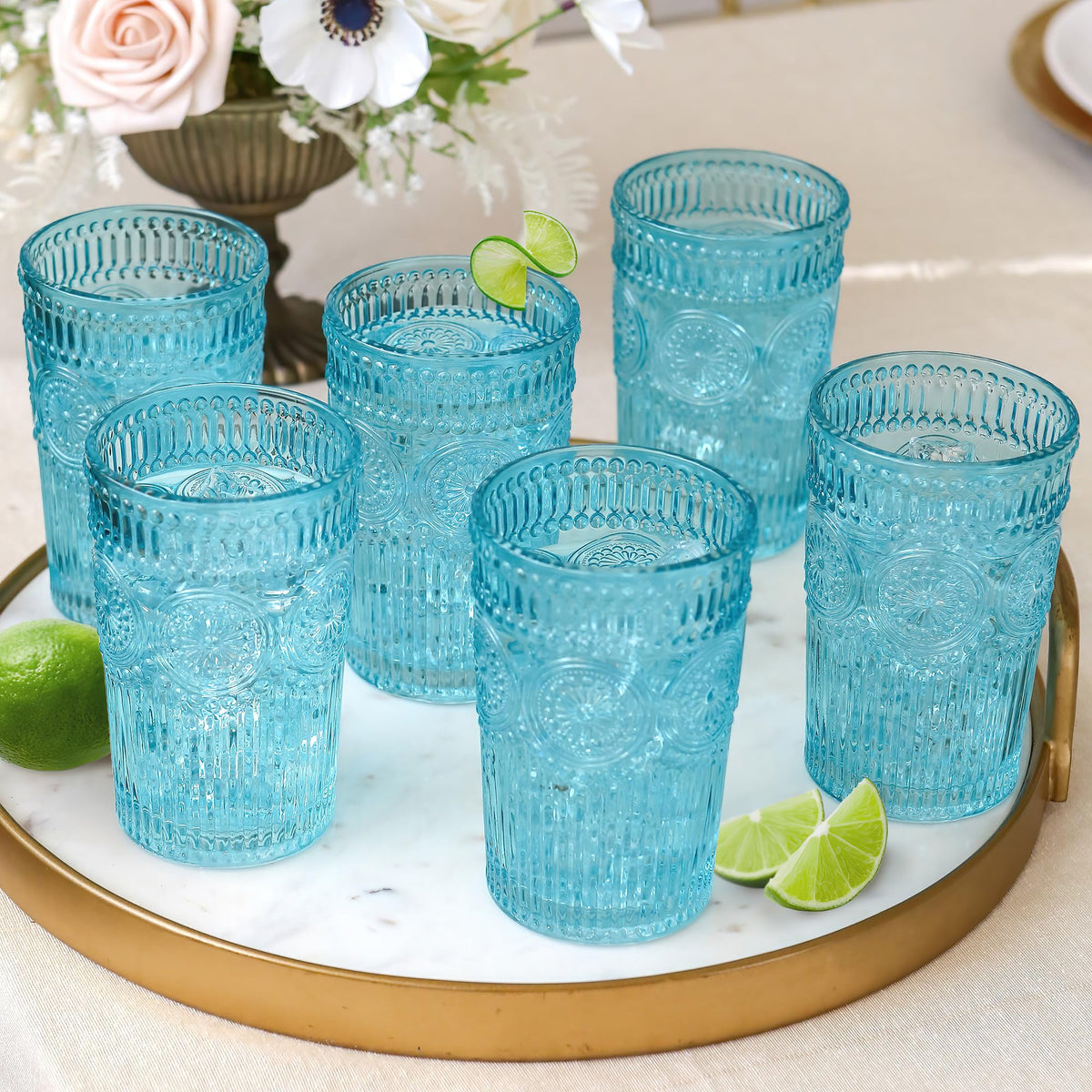 Kate Aspen vintage textured aqua glass set, ribbed surface elevates cocktails.