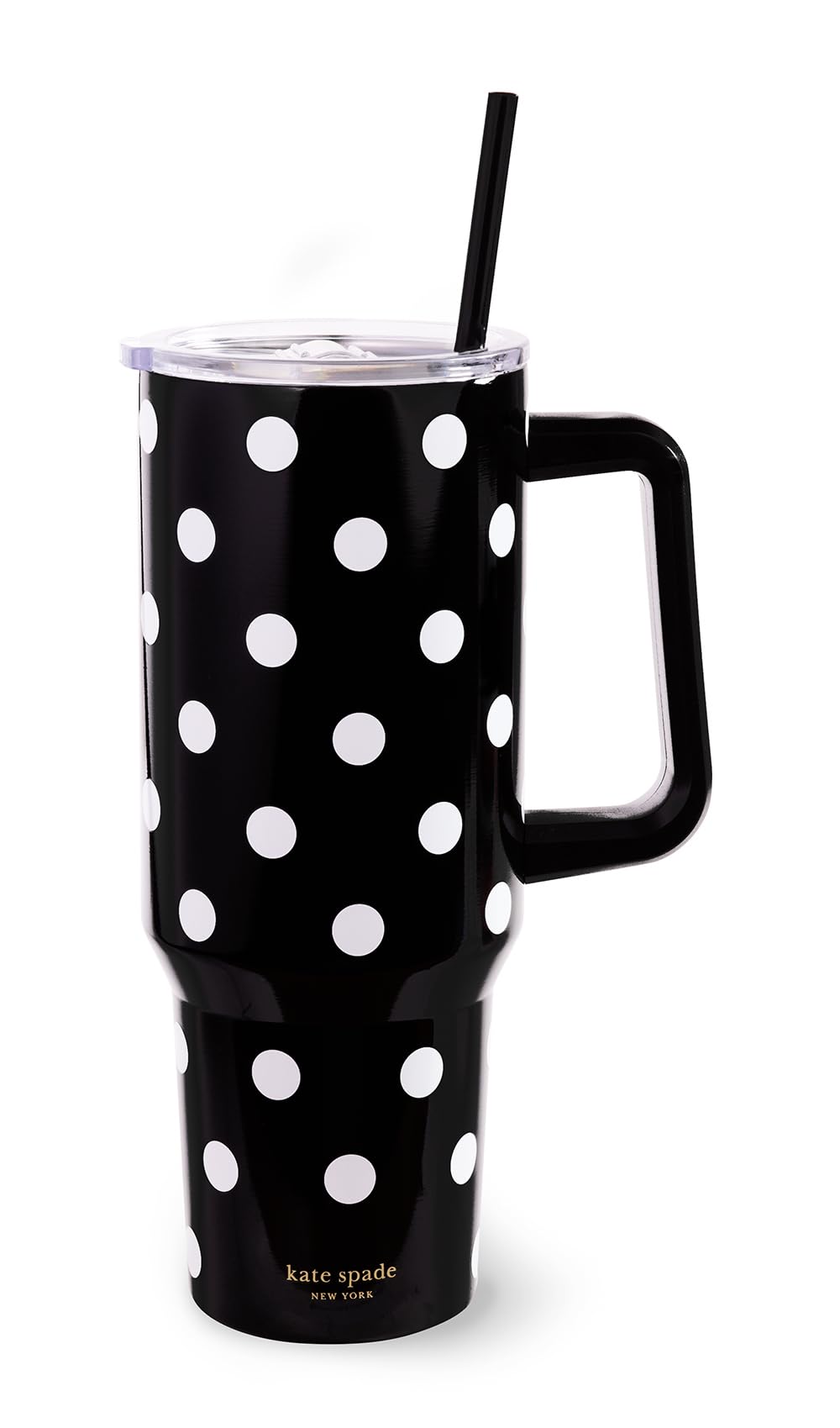 Kate Spade New York 40 oz tumbler with handle and straw keeps drinks insulated during commutes