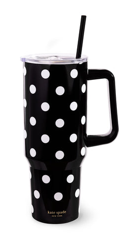 Kate Spade New York 40 oz tumbler with handle and straw keeps drinks insulated during commutes