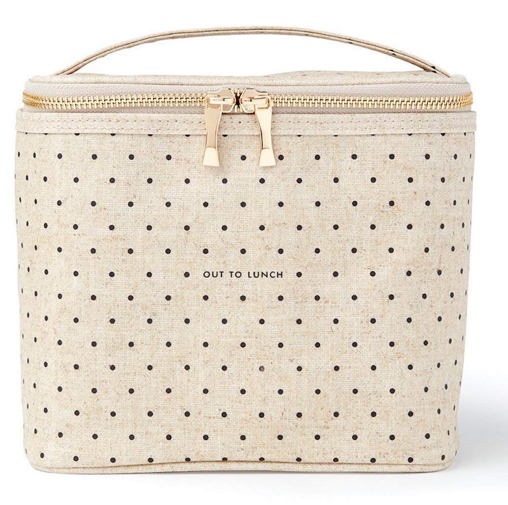 Kate Spade New York insulated lunch tote Deco Dots, front view showing compact design and handle