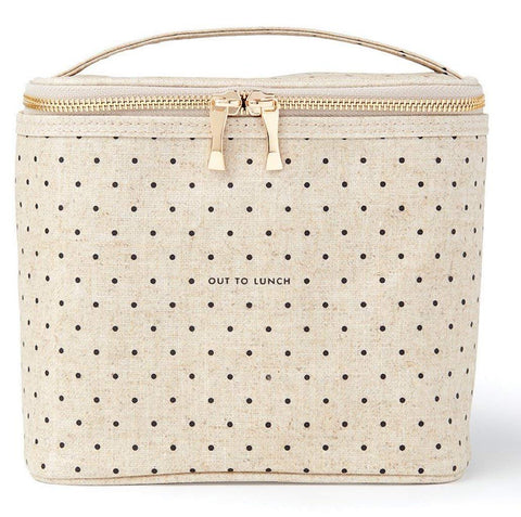 Kate Spade New York insulated lunch tote Deco Dots, front view showing compact design and handle