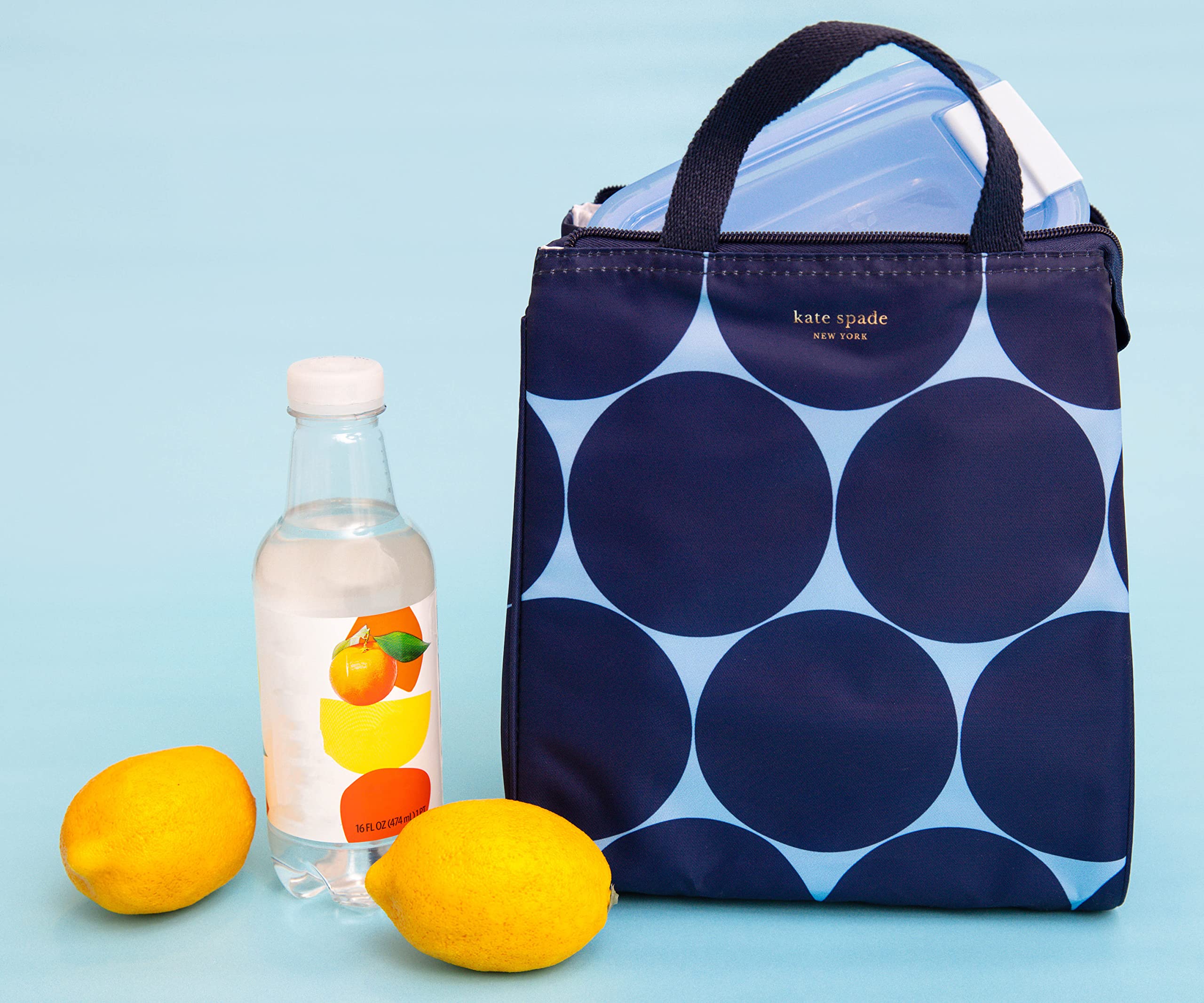 kate spade new york Joy Dot lunch bag with flat base stands steady on countertops.