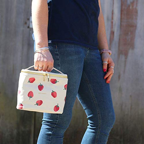 kate spade new york lunch tote strawberries zipper closeup keeps items secure on commute