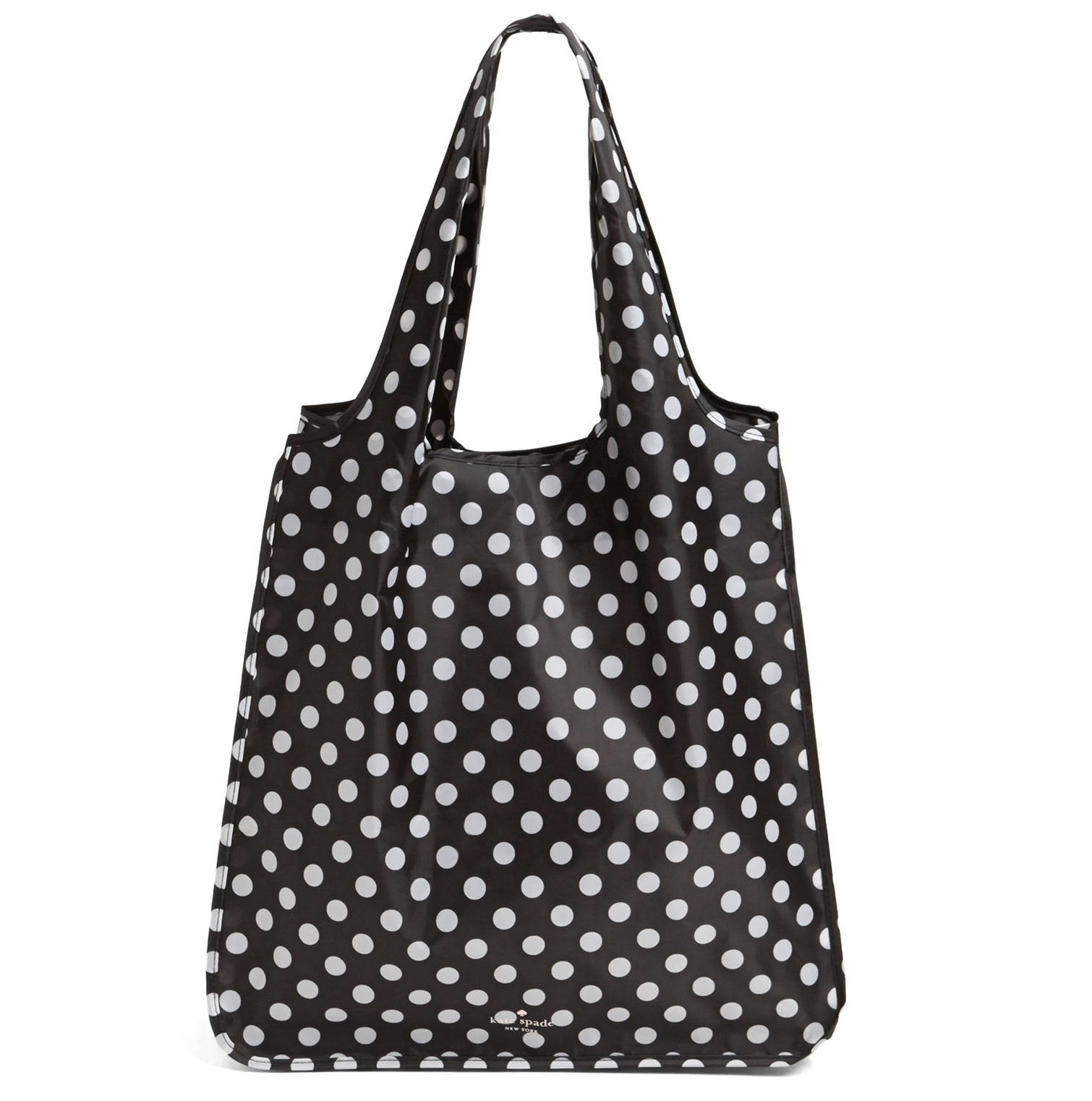 kate spade new york reusable tote with black dots, folded for compact storage