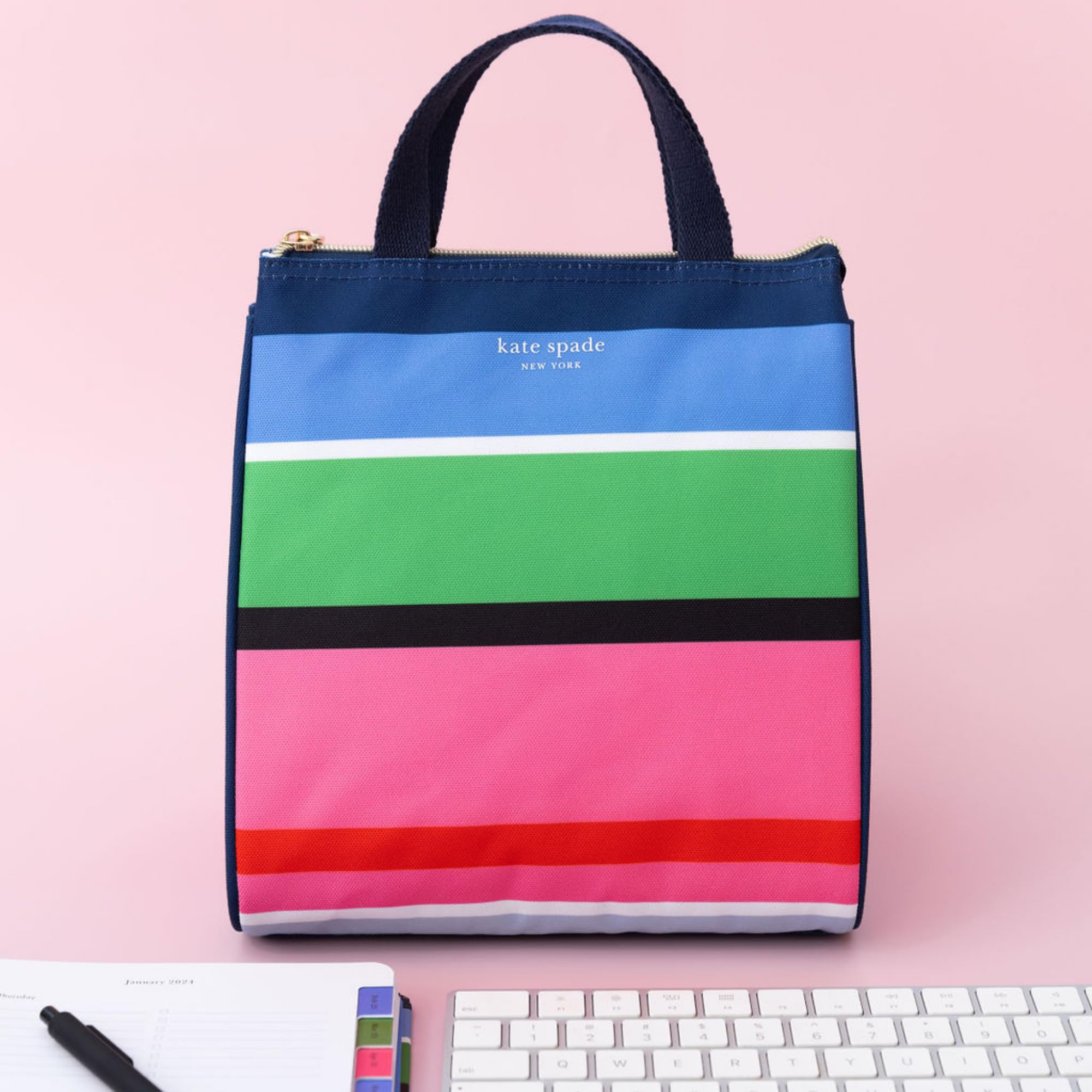 kate spade new york sunny day stripe lunch bag exterior detail adds chic vibes