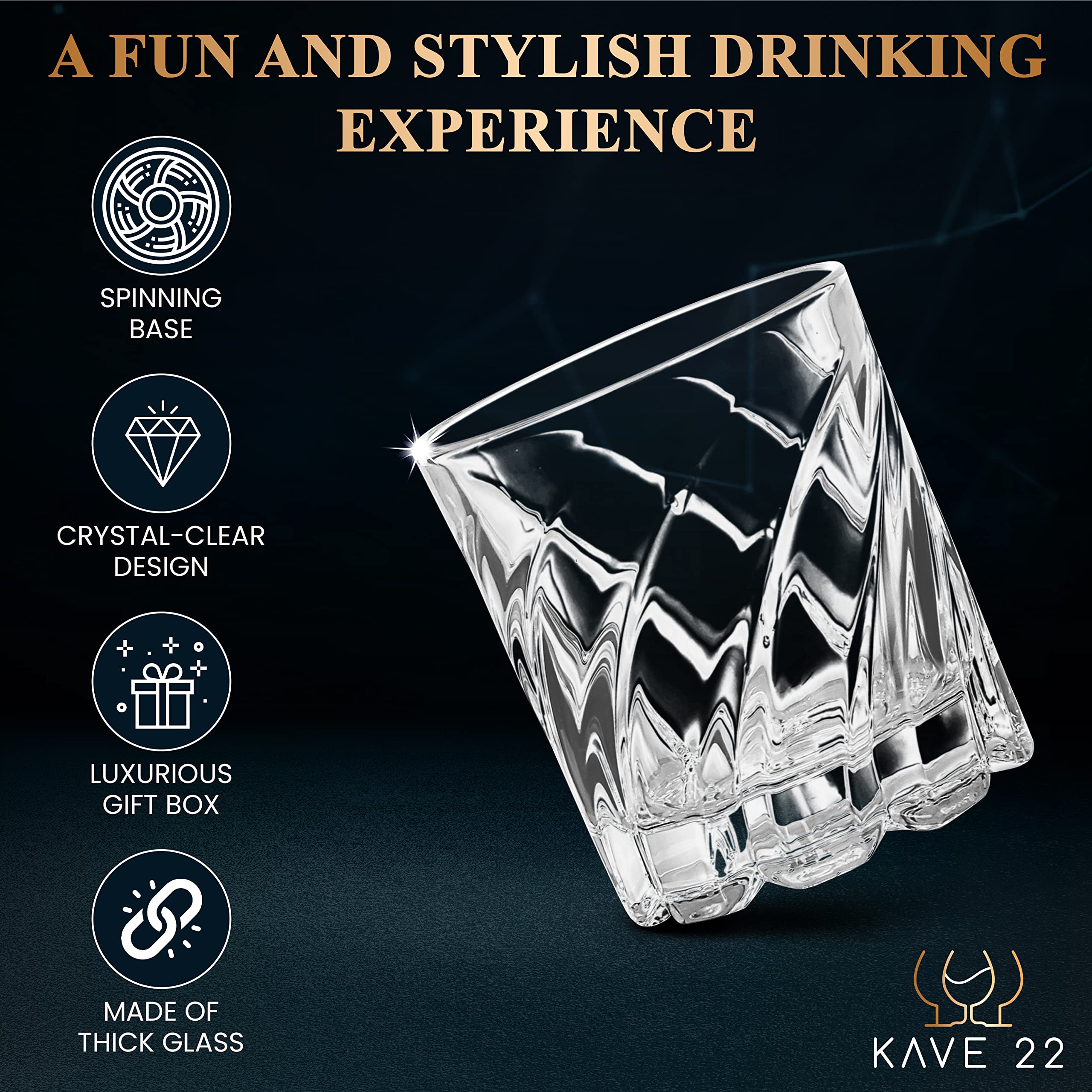 KAVE 22 versatile glasses suitable for bourbon, scotch, and cocktails