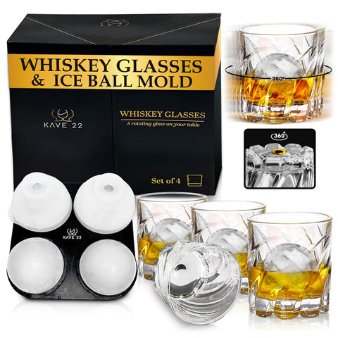 KAVE 22 whiskey glasses with rotating base for entertaining and visual drama