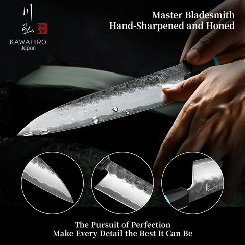 KAWAHIRO blade with black forge finish highlights layered pattern
