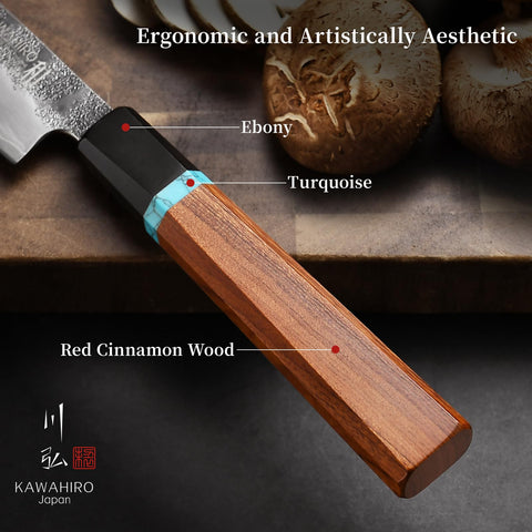 KAWAHIRO ergonomic forged handle provides comfortable, secure grip during prep