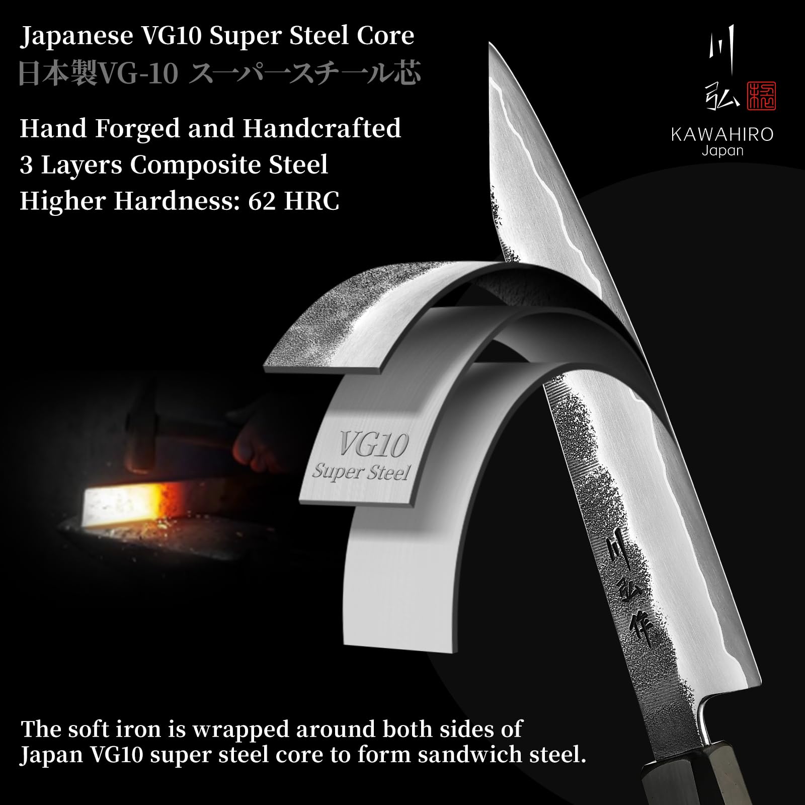 KAWAHIRO VG10 core knife with three-layer steel for durable, long-lasting cuts
