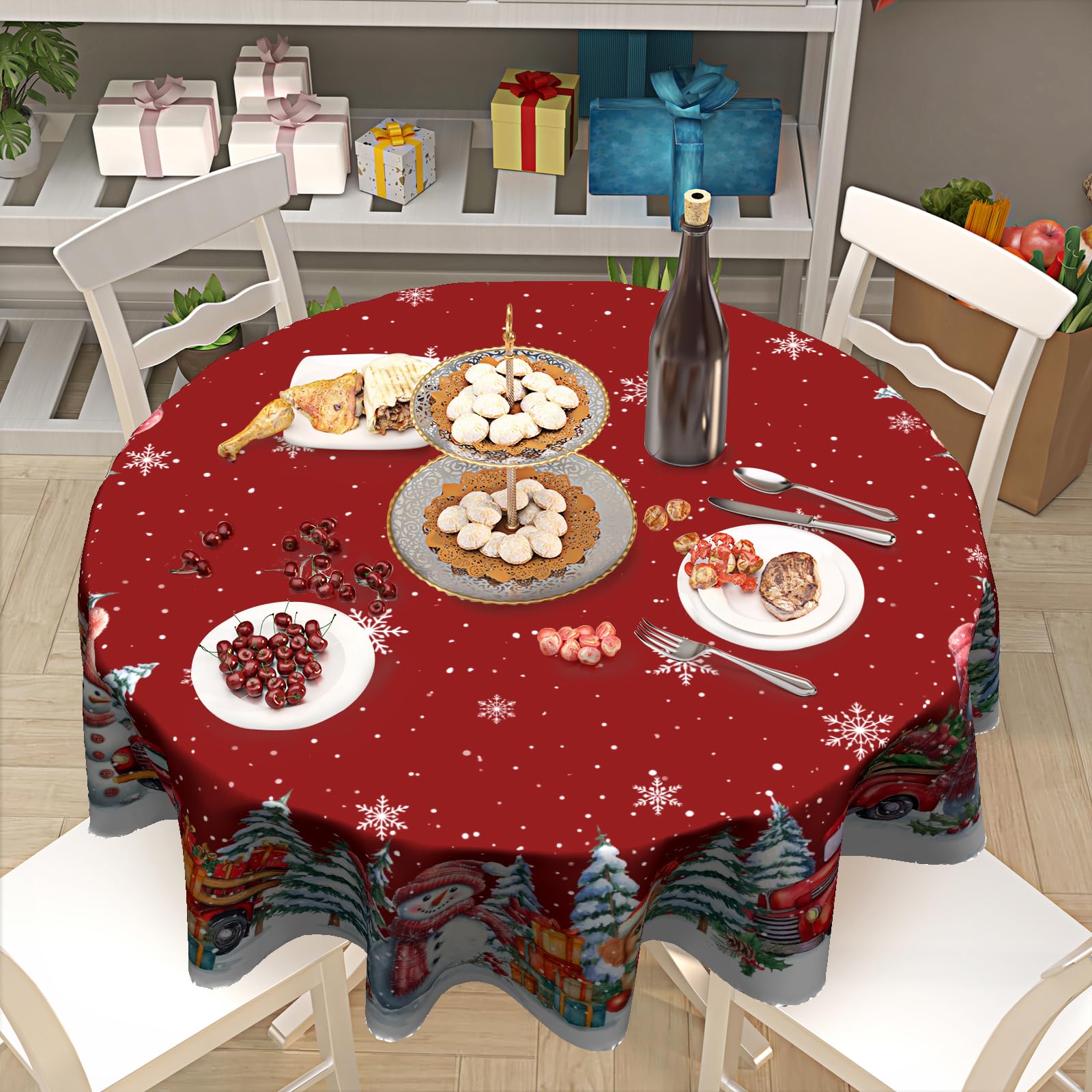 Kawani round tablecloth designed for indoor and outdoor use during celebrations.