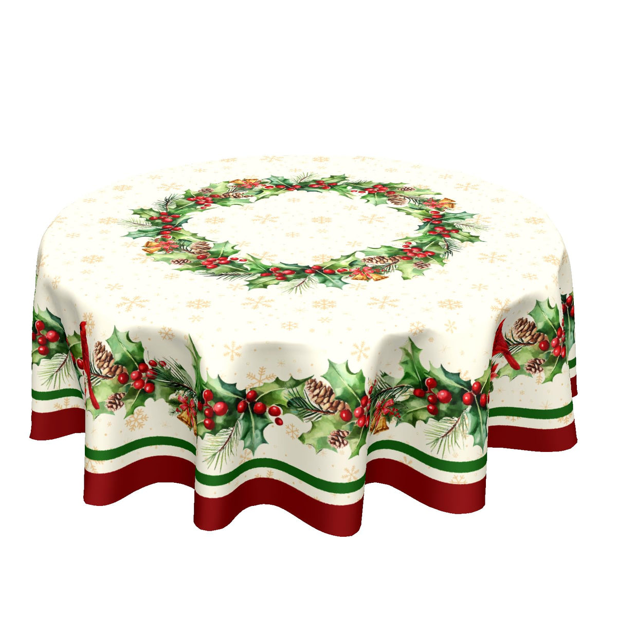 Kawani Christmas Holly round tablecloth with red birds for festive dining and protected surfaces.