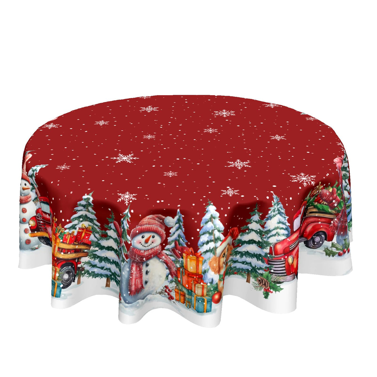 Kawani round tablecloth with red snowman pattern adds festive warmth and easy cleanup.