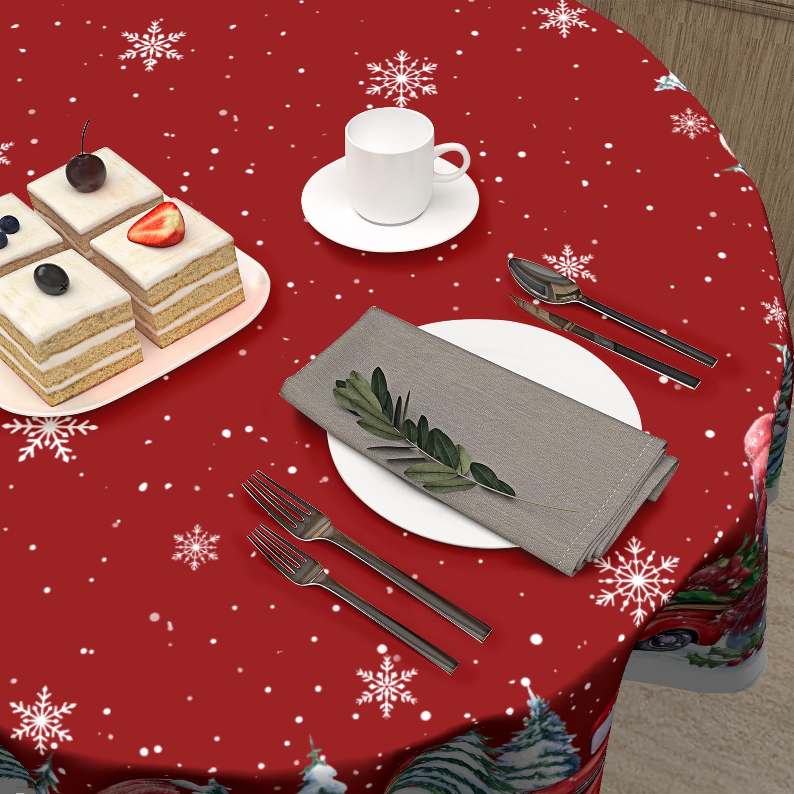Kawani 60-inch round tablecloth offers generous coverage for 4–6 seats.