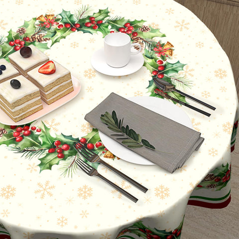 Kawani dining tablecloth protects surfaces during meals with stain-resistant, easy-care fabric.