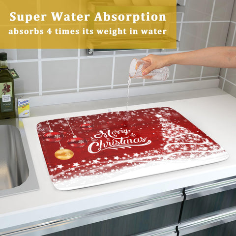 Kawani red Christmas dish drying mat on countertop adds festive charm