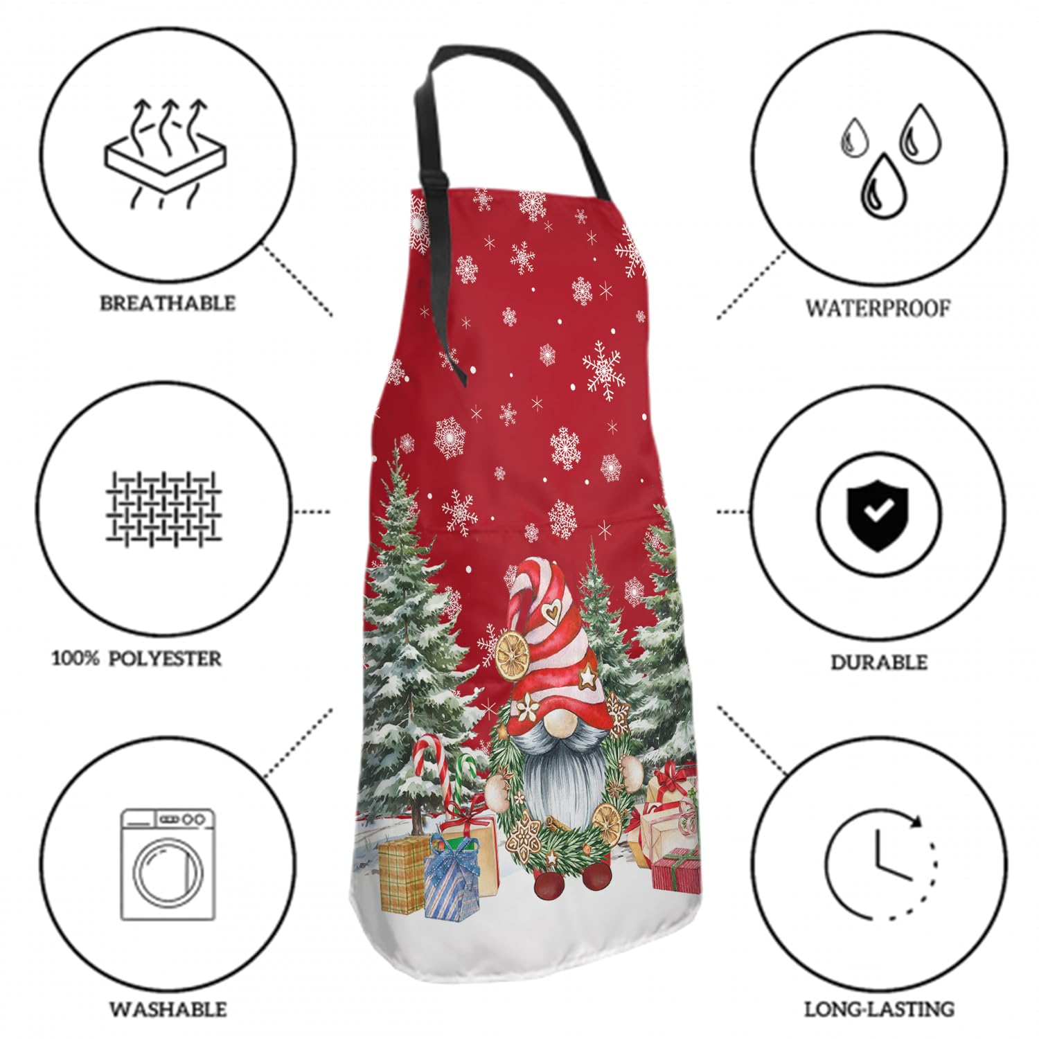 Kawani Merry Christmas Apron front pockets ideal for towels and utensils.