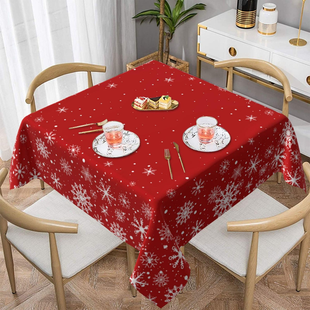 Kawani Merry Christmas tablecloth with red snowflakes for festive dining