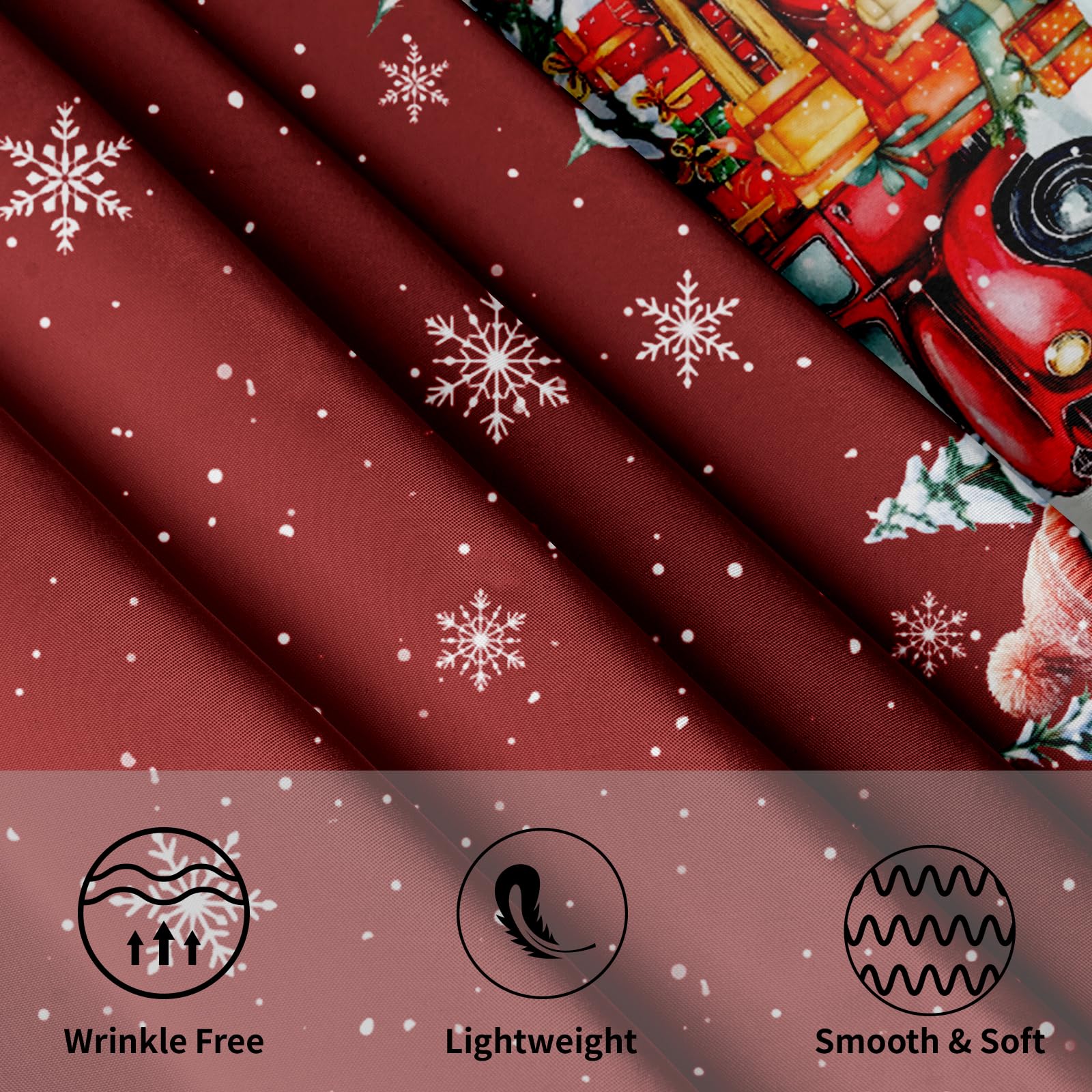 Kawani round tablecloth featuring a red truck design for cheerful holiday vibes.