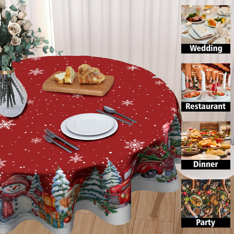 Kawani snowflakes-pattern round tablecloth protects surfaces during gatherings.