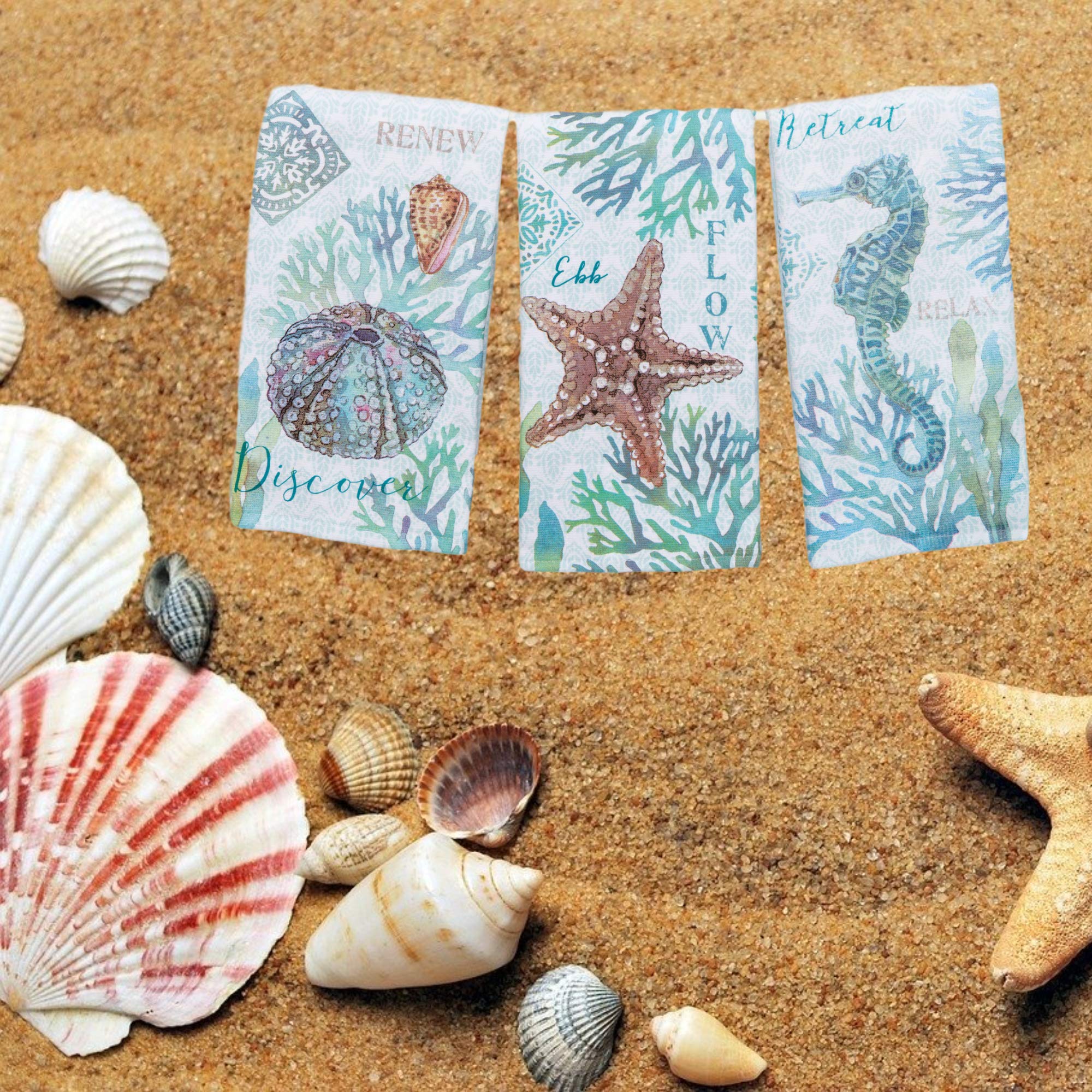 Kay Dee Beachcomber towel sea urchin print brightens bath or kitchen spaces