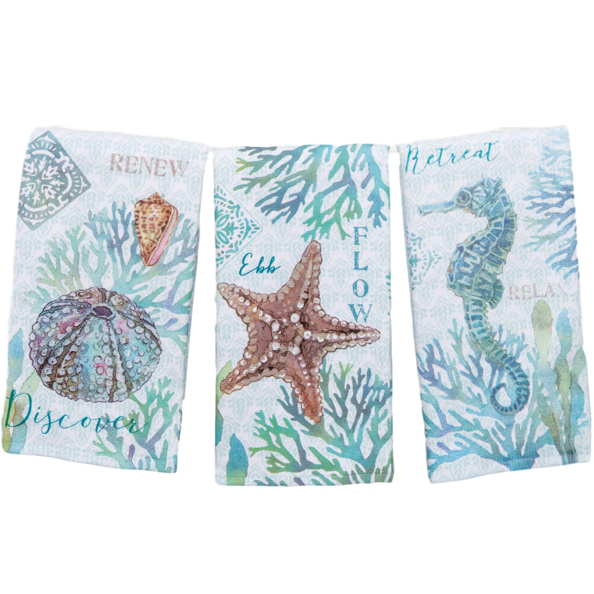 Kay Dee Beachcomber towel seahorse print enhances coastal decor and drying tasks
