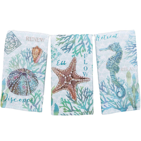 Kay Dee Beachcomber towel seahorse print enhances coastal decor and drying tasks
