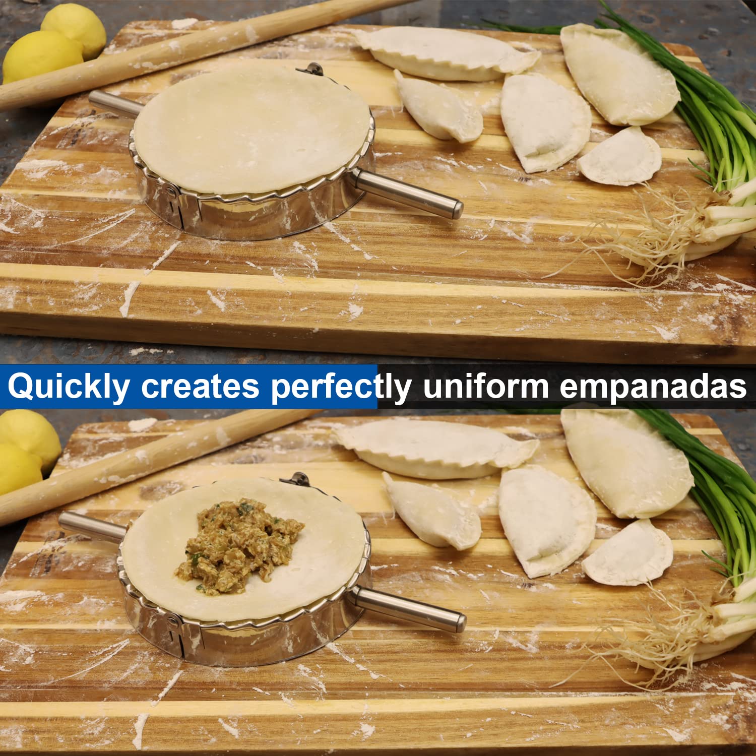 Kaycrown Empanada Press dough-cutting-edge helps clean, precise dough trimming.