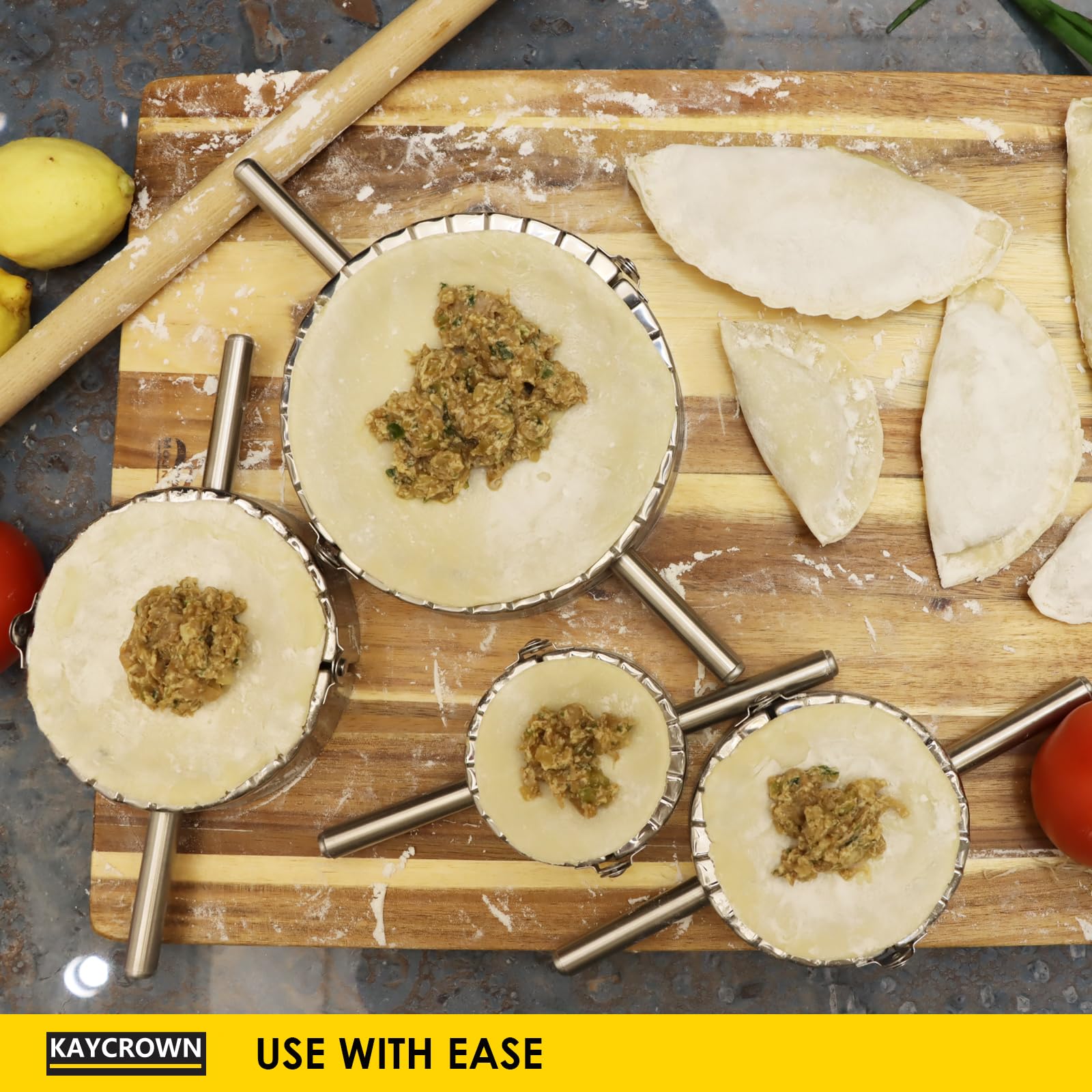 Kaycrown Empanada Press versatile kitchen tool for fillings, shaping, and sealing.