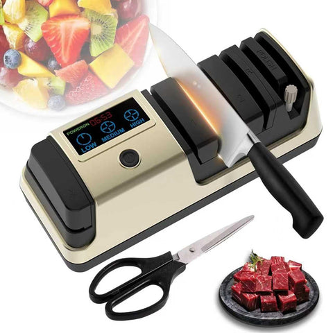 KAZRBEP 5-in-1 sharpener with LCD display for precise edge sharpening on straight, serrated, and specialty blades.