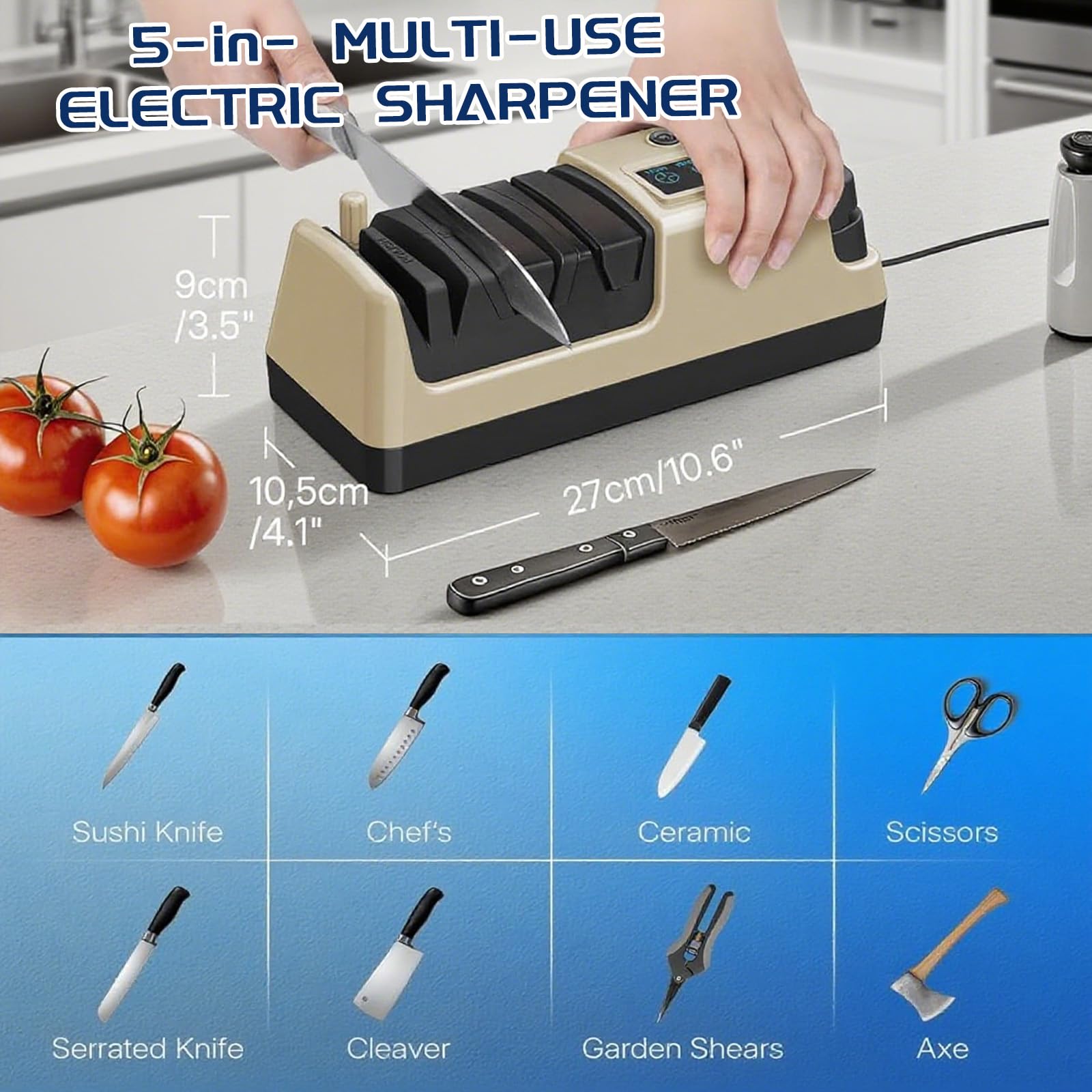 KAZRBEP sharpener showing rotational speed dial to tailor sharpening for different blades.