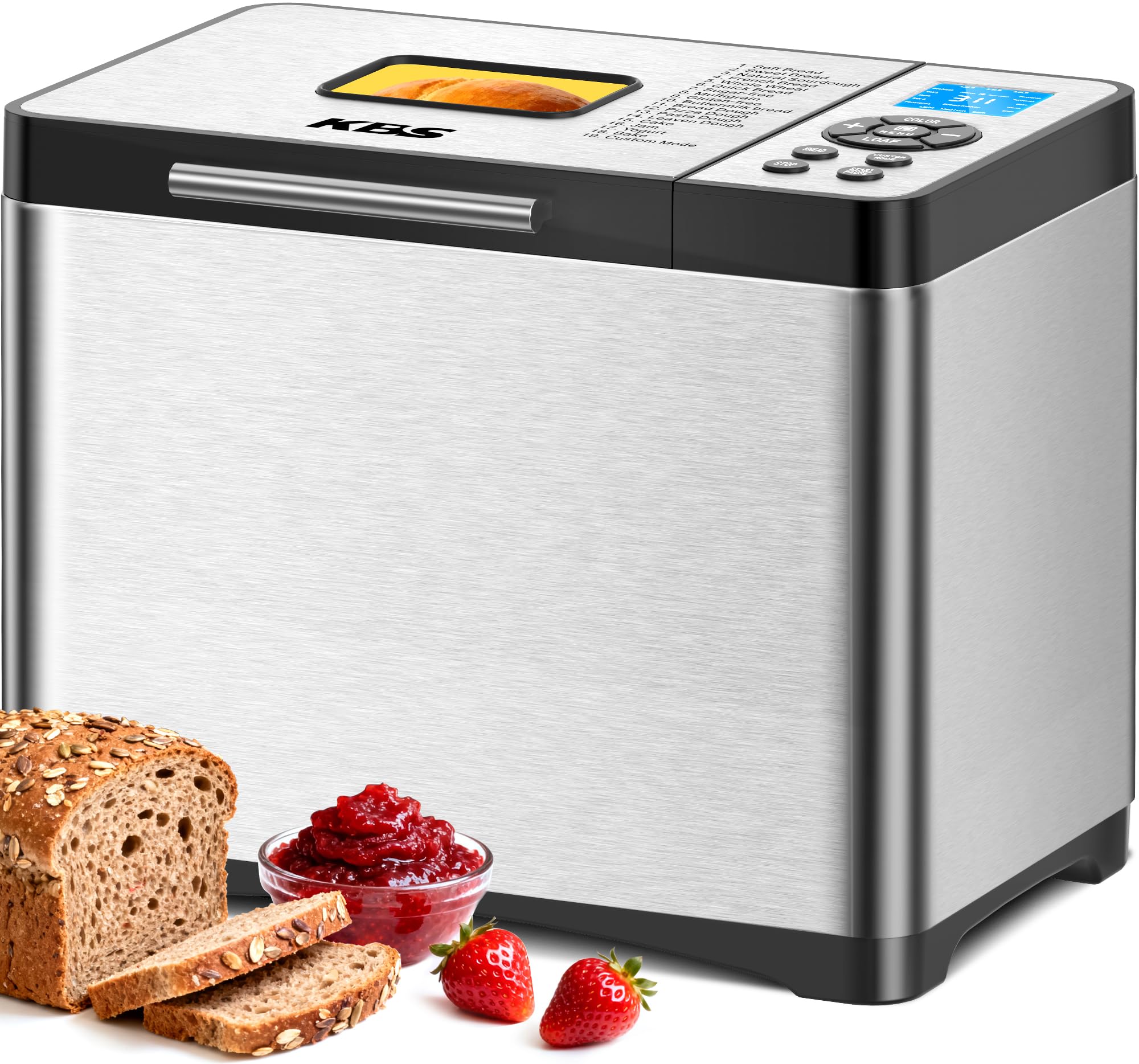 KBS bread maker front view in silver, compact for kitchen counters.