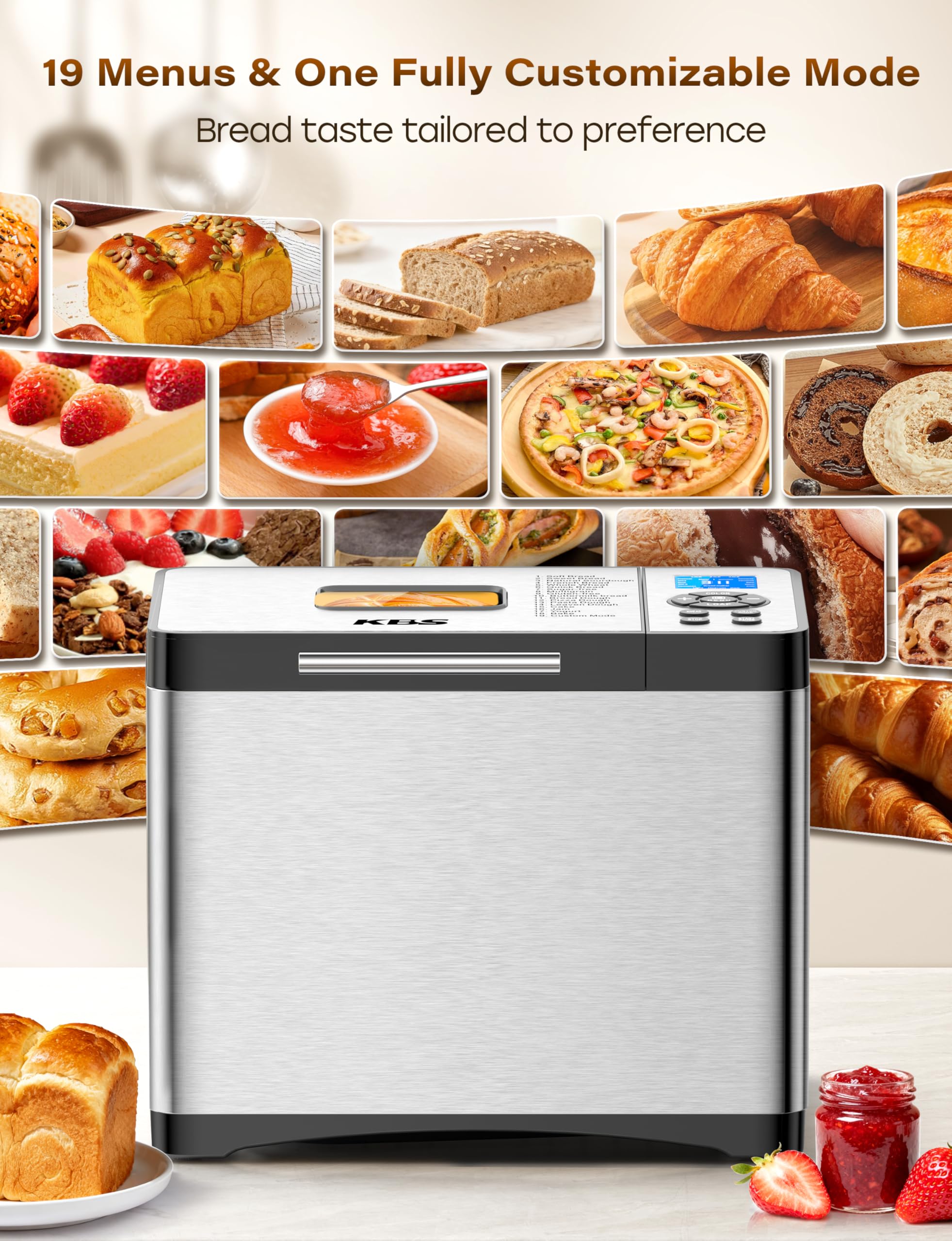 KBS bread maker top panel with digital controls and timer, easy programming.
