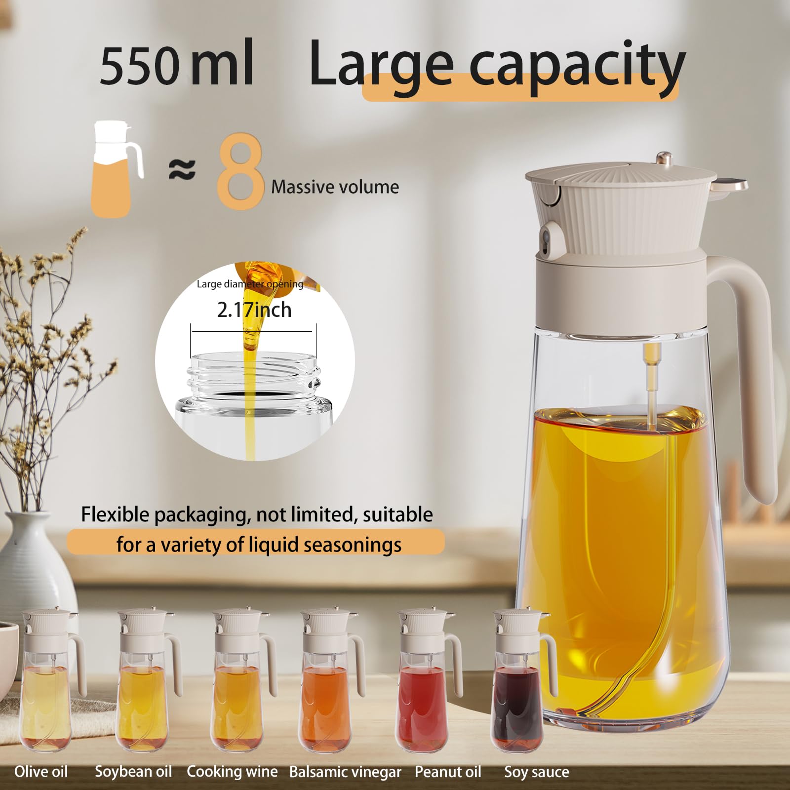 Keaixinyu glass olive oil bottle shows 550ml capacity for easy monitoring