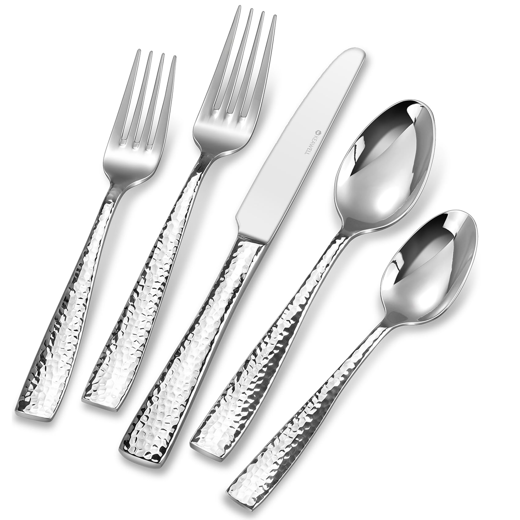 KEAWELL Louis hammered 20-piece set on table, ideal for elegant entertaining.