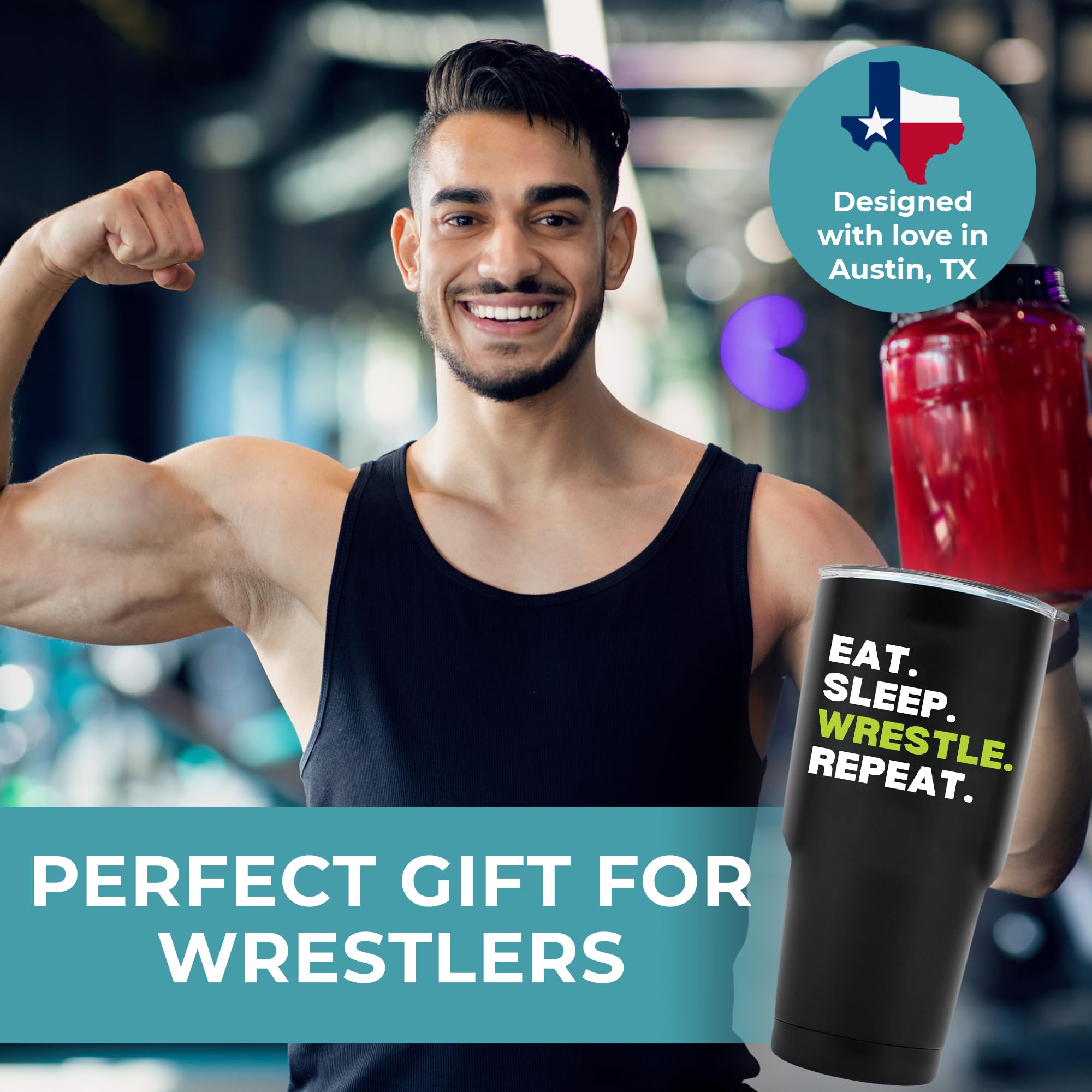 KEDRIAN spill-proof lid on wrestling tumbler, mess-free on the go.