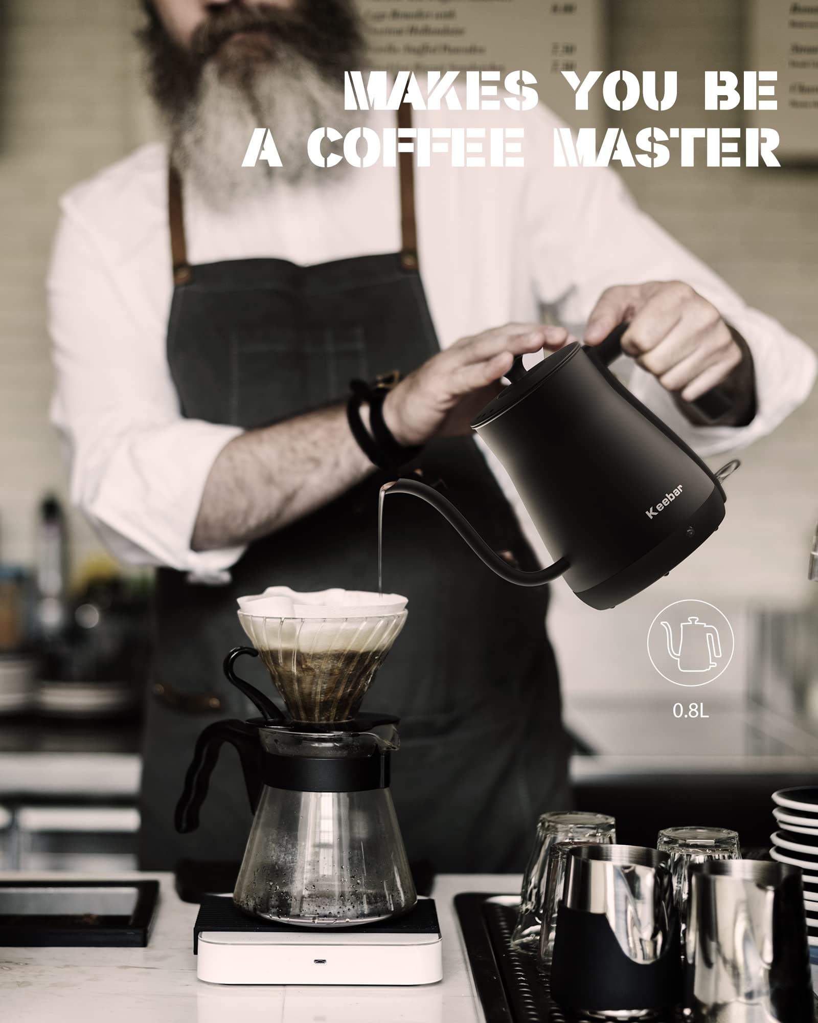 Keebar 0.8L capacity kettle for measured single-serving pours.