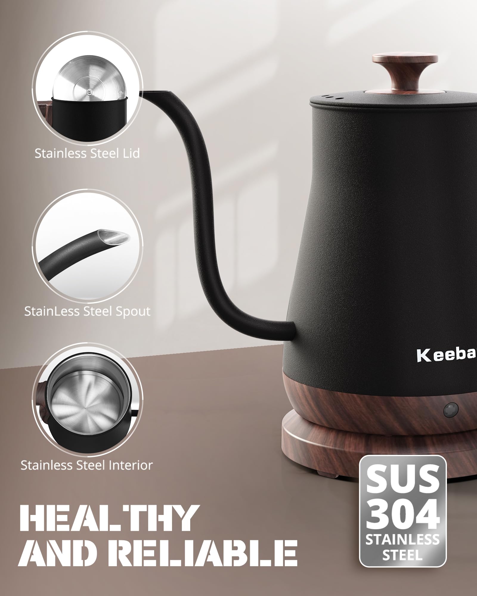 Keebar Gooseneck Kettle 1000W provides fast boiling for coffee or tea.